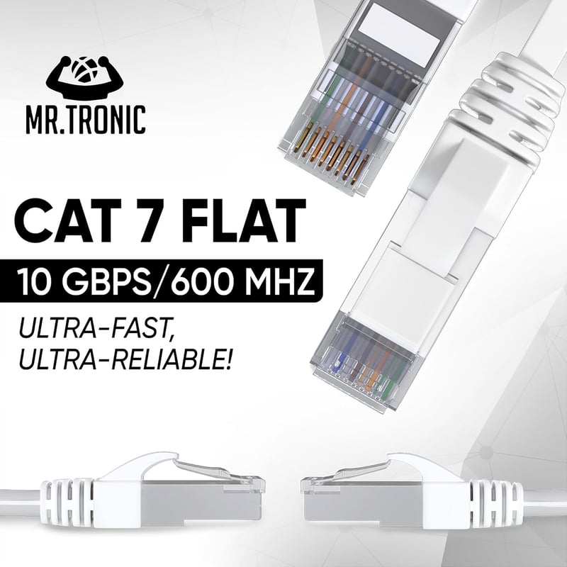 Mr. Tronic 15m-es Cat7 Ethernet kábel, lapos, réz, RJ45, 10 Gbps, fehér