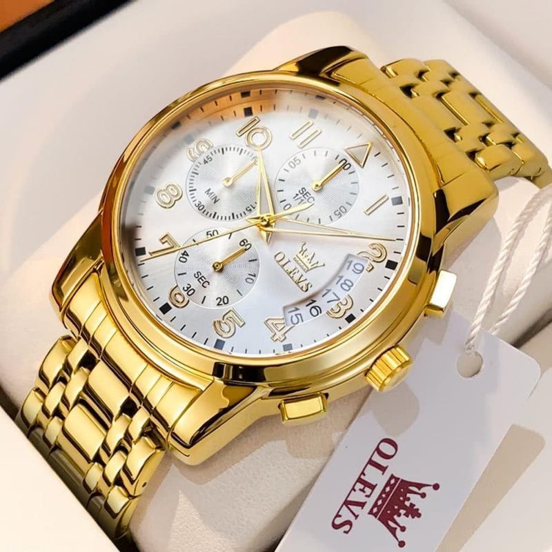 OLEVS Arany Férfi Karóra - Vízálló, Dátumkijelzős, 42mm Acél