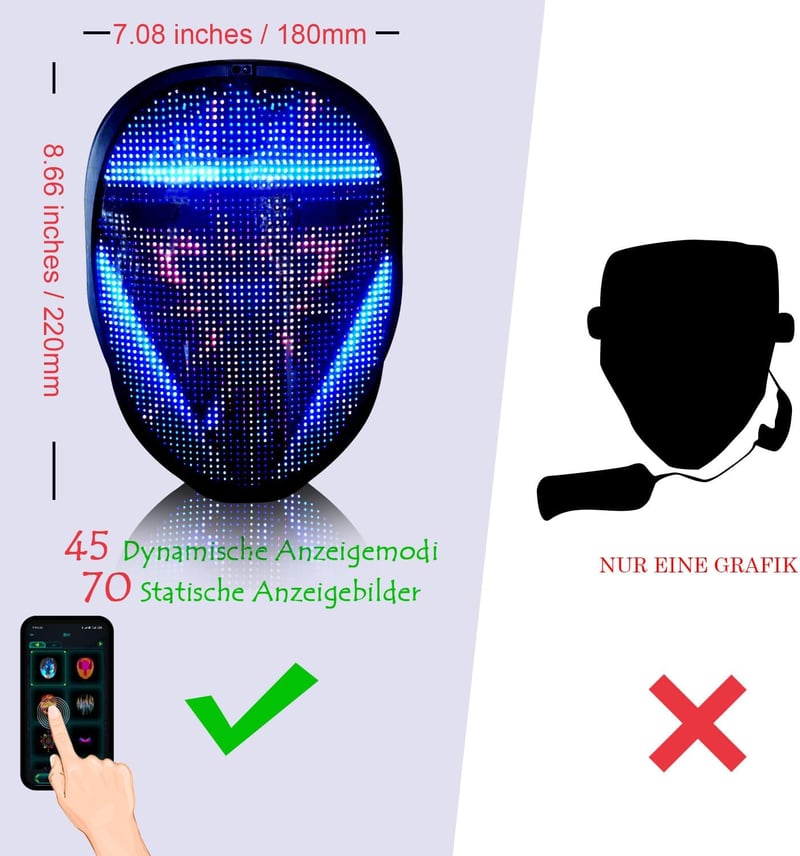 Megoo LED Maszk Bluetooth-szal, Programozható, Gesztus Vezérelhető - Farsangi, Halloween Partikra