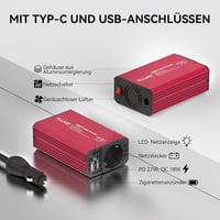 ALLWEI 300W Autós inverter 12V-230V, USB-C és USB portokkal, piros 5