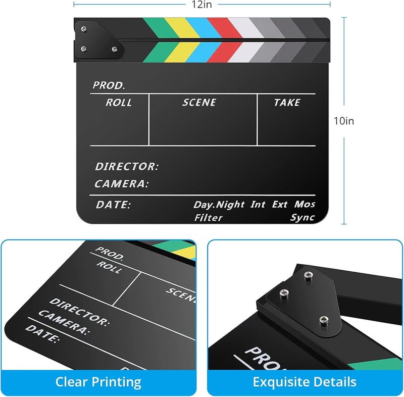 Temery Professzionális Filmklapk 30x25 cm - Akril Csapó Tábla Filmezéshez, Mágnessel, Tisztító Készlettel, Fekete Hollywood Stílusú Videó Ke