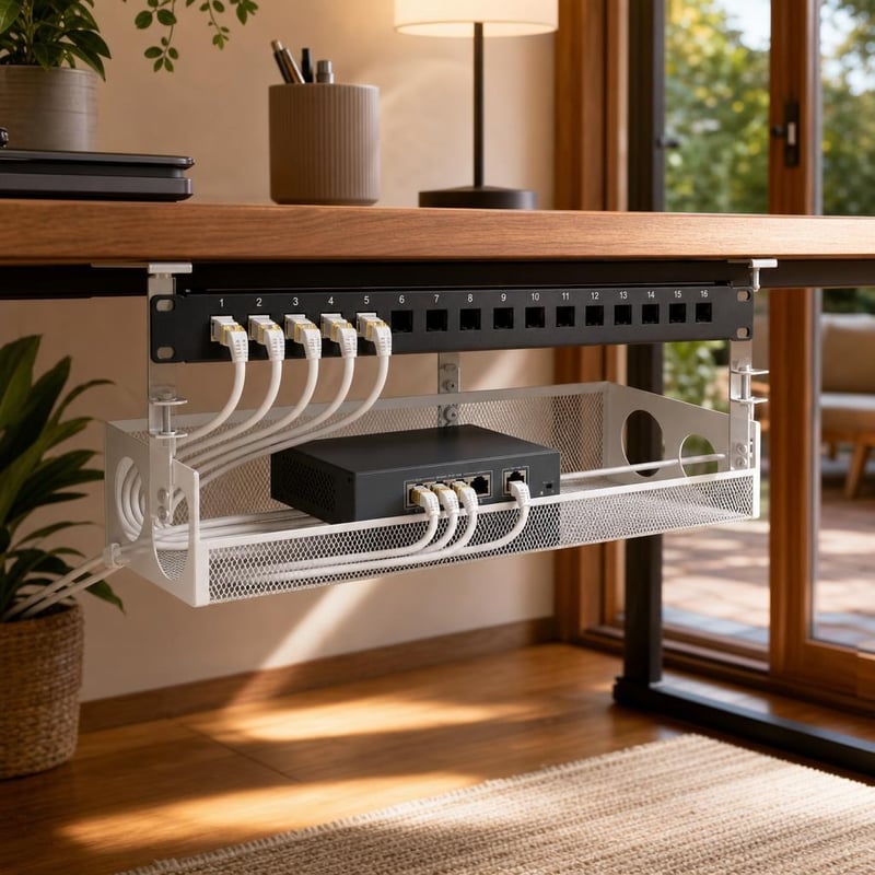 Sieťový organizér: 16p patch panel + CAT8 kábel + káblový žľab + 5p PoE switch