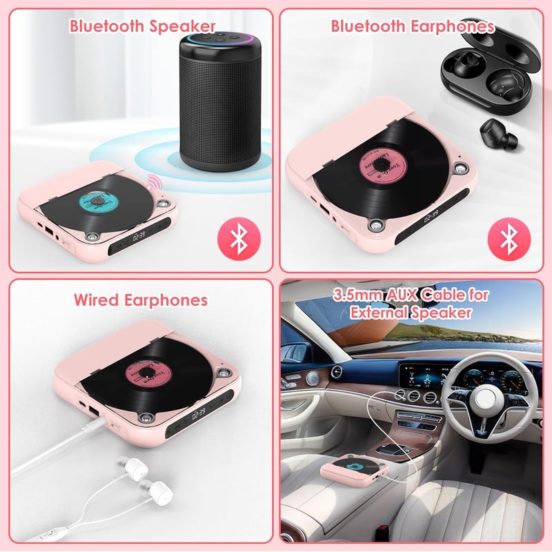 KOVCDVI Hordozható CD lejátszó Bluetooth-szal, rózsaszín, LCD kijelzővel és 1200mAh akkumulátorral