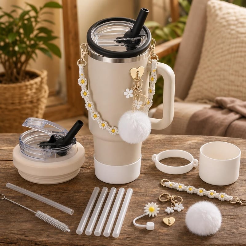 Set dodataka za tumbler: zamjenski poklopac + silikonska zaštita + remen + 4 slamke + četkica