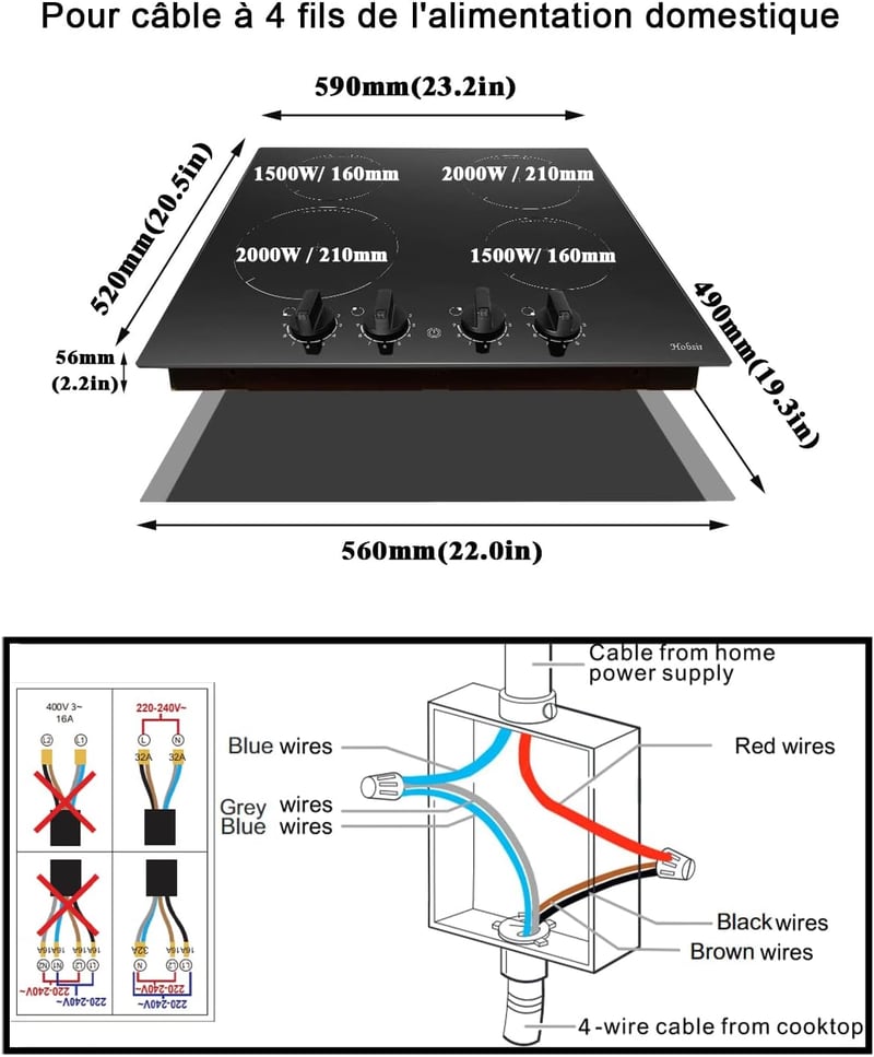 Hobsir 60 cm-es Beépíthető Indukciós Főzőlap 4 Zónával, 7200W, 9 Teljesítményszint, Gombos Vezérlés, Üvegkerámia Felület, Vezetékes