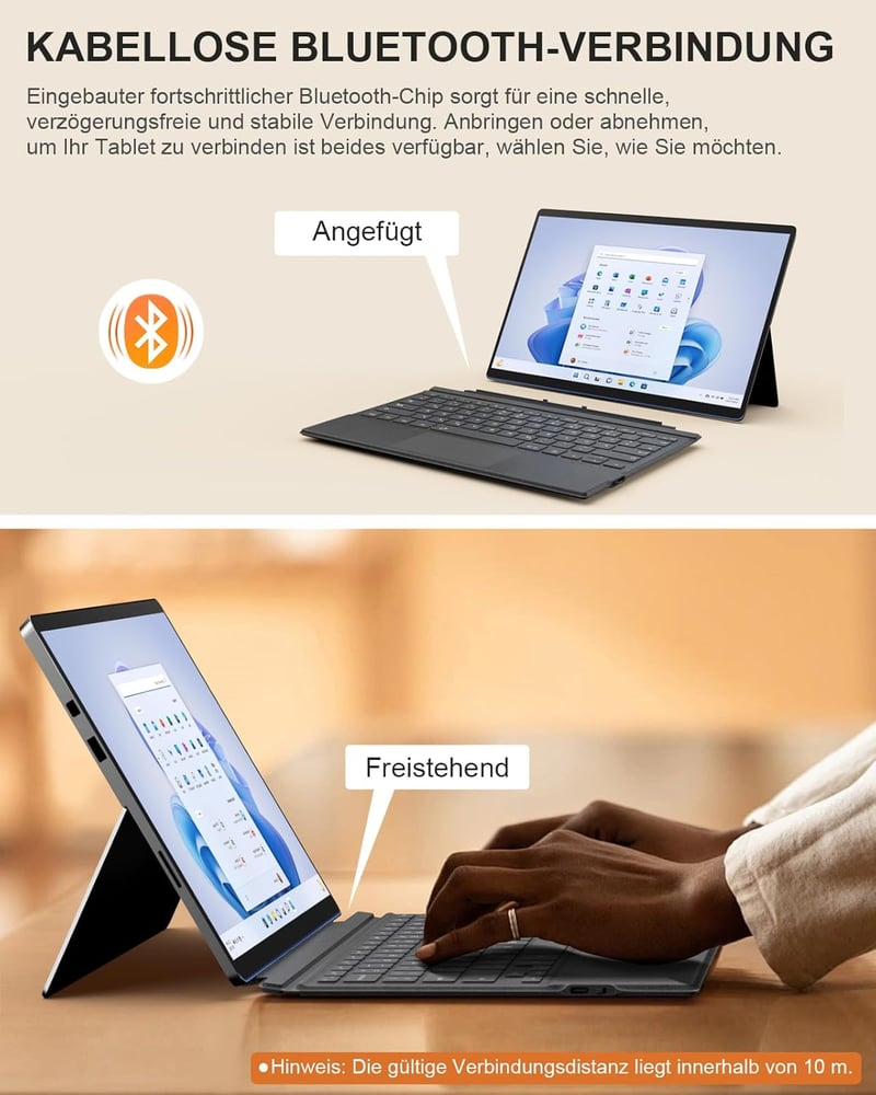 MoKo Bluetooth Érintőpados Billentyűzet Microsoft Surface Pro 7+/7/6/5/4/3 Készülékekhez - QWERTZ Kiosztás, Újratölthető Akkumulátor, Szürke