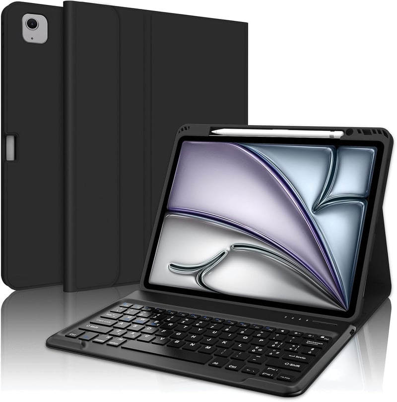 SENGBIRCH iPad Air 13" (M2, 2024) Bluetooth Billentyűzetes Tok - Levehető Mágneses Billentyűzet, Ütésálló PU Bőr Védőtok, Fekete