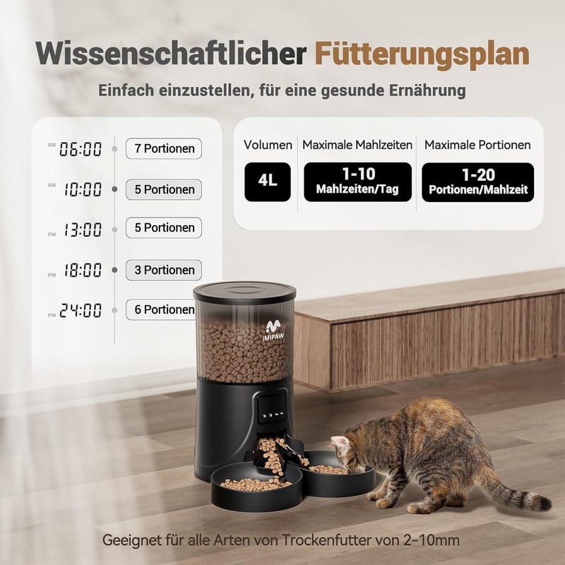 IMIPAW WiFi Automata Adagoló Macskáknak és Kistestű Kutyáknak - 4L Száraztáp Adagoló, Programozható, Napi 1-10 Etetés, Applikációval Vezérel
