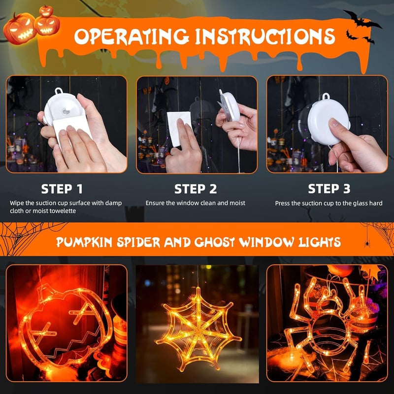 Yeeteesy Halloween Dekorációs Ablakfény - Tökök és Pókok Mintájú Meleg Fehér LED Világítás Beltérre és Kültérre, Elemes Működés, Bambusz Üve