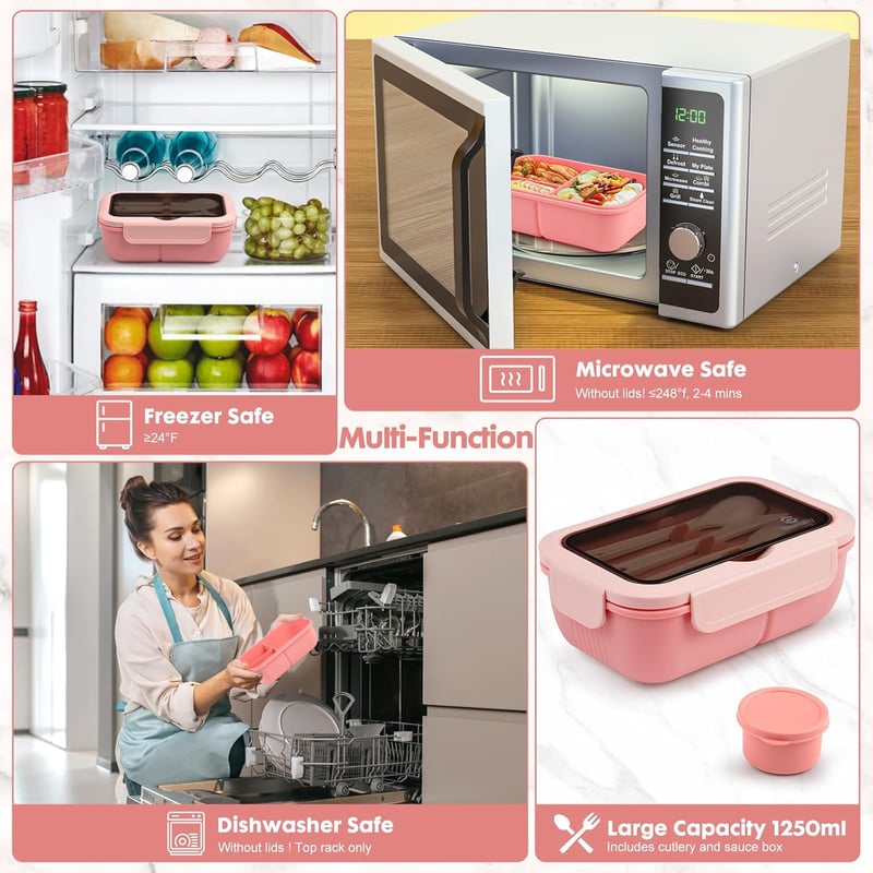 Sinnsally Rózsaszín Bento Doboz 1250ml - Hordozható Ebédtároló Evőeszközzel