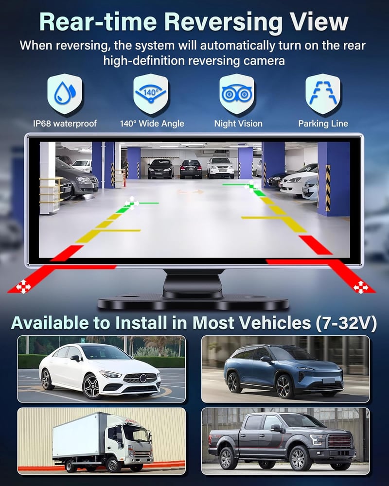 Jansite 11,26" CarPlay Autós Kijelző 2.5K Fedélzeti Kamerával - Bluetooth Tükrözés, Tolatókamera, Siri Támogatás, 64GB TF Kártya, Apple CarP