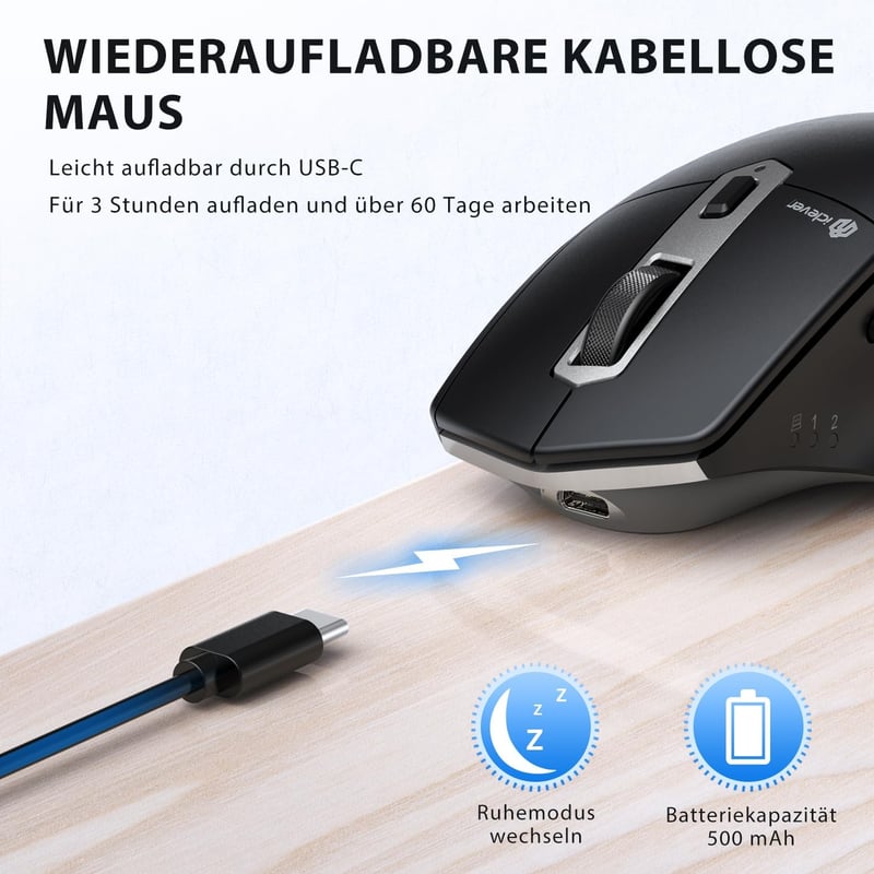 iClever Vezeték Nélküli Bluetooth Egér - Újratölthető, Ergonomikus, 3 Eszközhöz Csatlakoztatható, 5 DPI Beállítás, Csendes Kattintás, Ezüst-