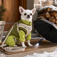 Pachet iarnă pentru câini: vestă impermeabilă L + geacă vânt + ham cu lesă + umbrelă LED 1