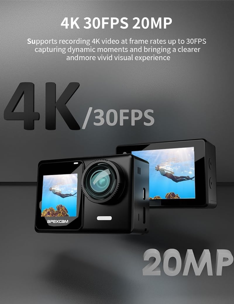 Apexcam X70 PRO 4K 30FPS Akciókamera - 20MP Dupla Érintőkijelzős Vízálló Sportkamera 40m Mélységig, Képstabilizátorral, WiFi, 2db 1350mAh