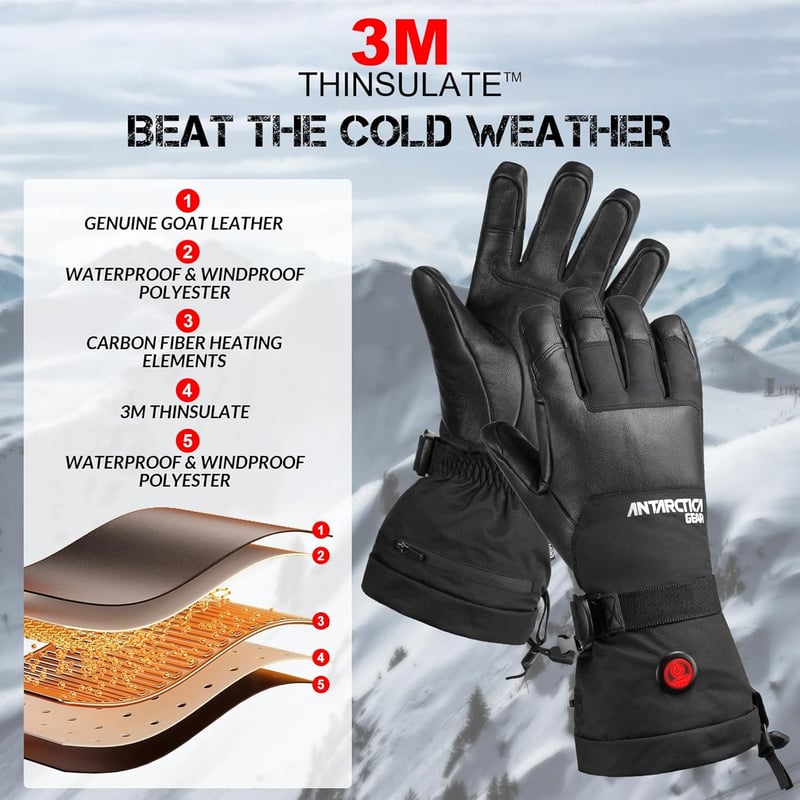 ANTARCTICA GEAR Fűthető Kesztyű 3200 mAh Akkumulátorral - Vízálló Téli Kesztyű Síeléshez, Motorozáshoz, Túrázáshoz - Unisex XL Méret Fekete