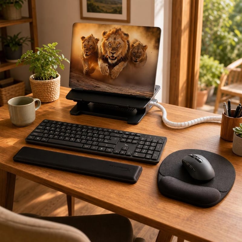 Uredan radni kutak: naljepnica za laptop + bežični set + podloga + oslonci za zglobove