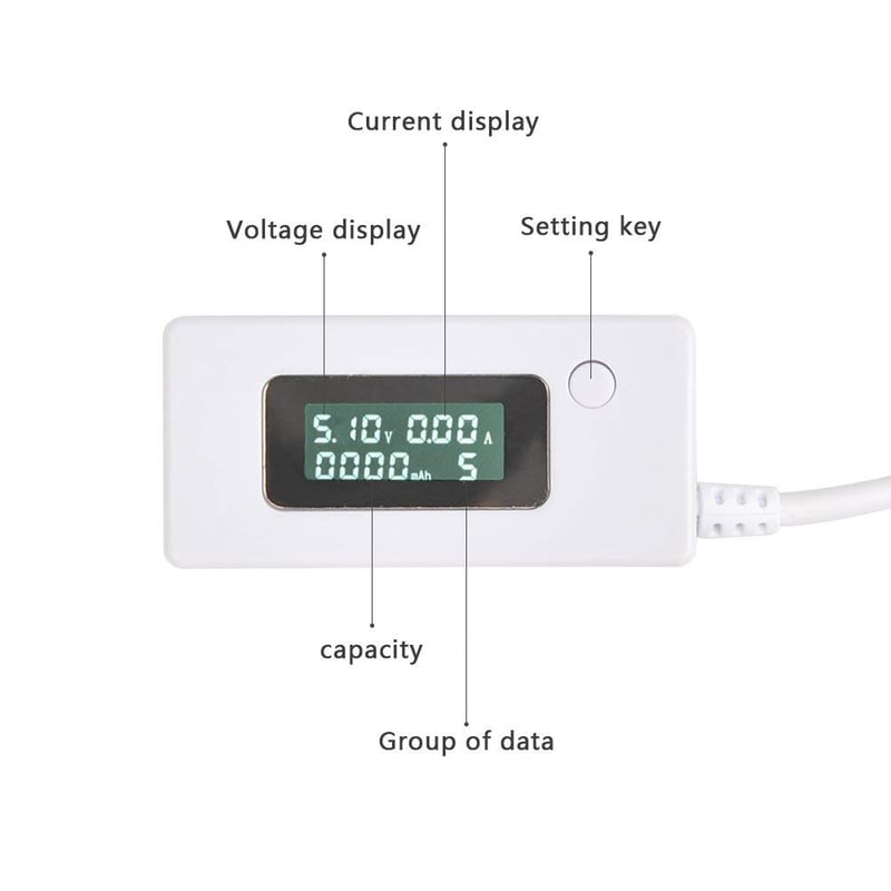 Arceli USB töltő teszter - LCD kijelzős feszültség- és árammérő, fehér