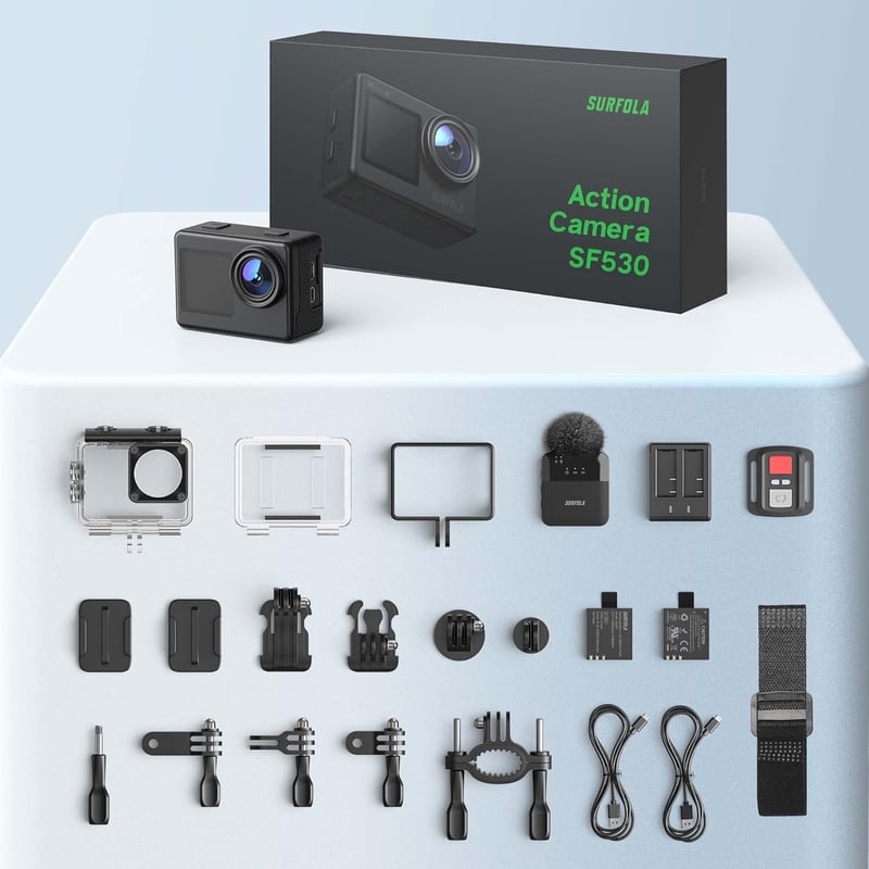 Surfola 4K 60FPS Akciókamera, 40M Vízálló, WiFi, EIS Stabilizátor, 170° Széles Látószög, Dupla Kijelző, Vezeték Nélküli Mikrofonnal, 2 Akkum