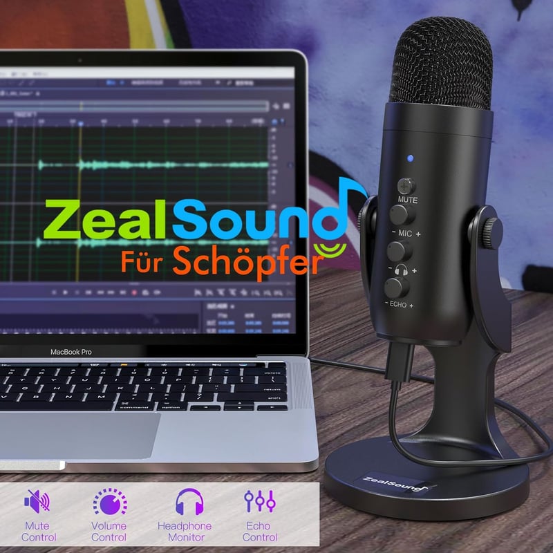 ZealSound K66 USB-C Kondenzátor Mikrofon PC, Telefon, PS4/PS5 Eszközökhöz - Játék, Podcast, Streaming, ASMR Felvételekhez, Némítás/Erősítés/