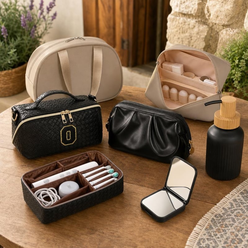 Putni kozmetički set: 3x kozmetička torbica + etui za četkicu + dozator sapuna + ogledalo