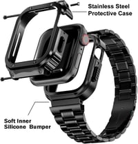 HASLFM Apple Watch 45mm Szíj - Rozsdamentes Acél Fém Pánt Védőtokkal, Kompatibilis iWatch Series 9/8/7 Órákkal, Férfi, Fekete 2