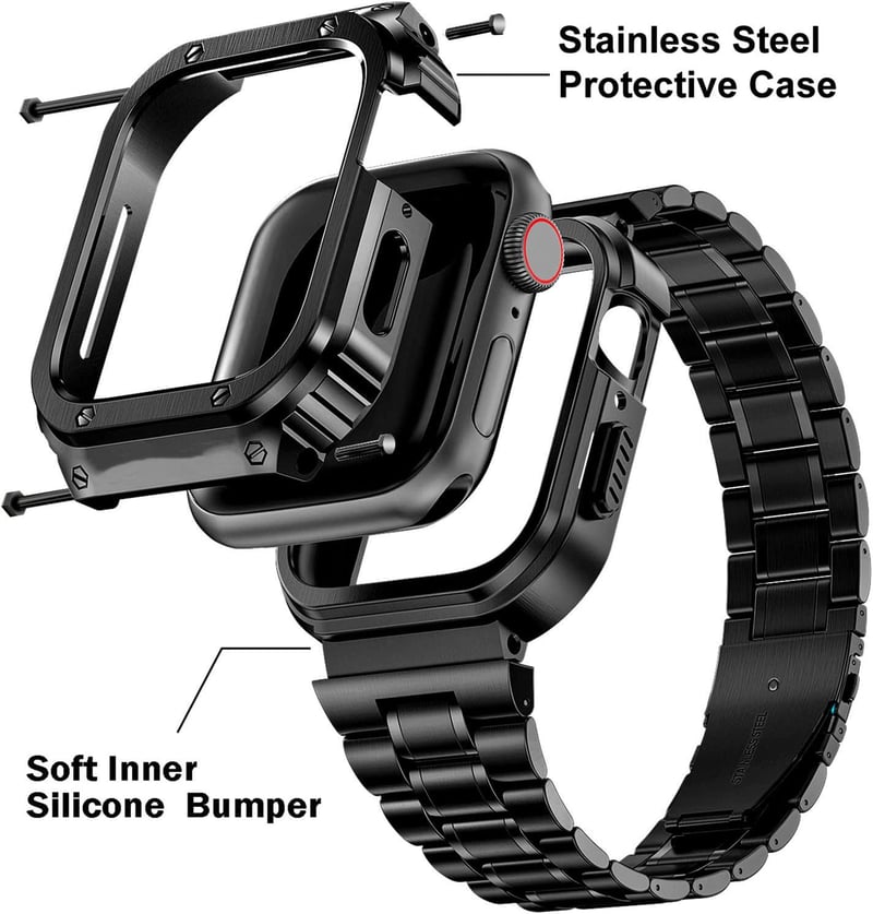 HASLFM Apple Watch 45mm Szíj - Rozsdamentes Acél Fém Pánt Védőtokkal, Kompatibilis iWatch Series 9/8/7 Órákkal, Férfi, Fekete