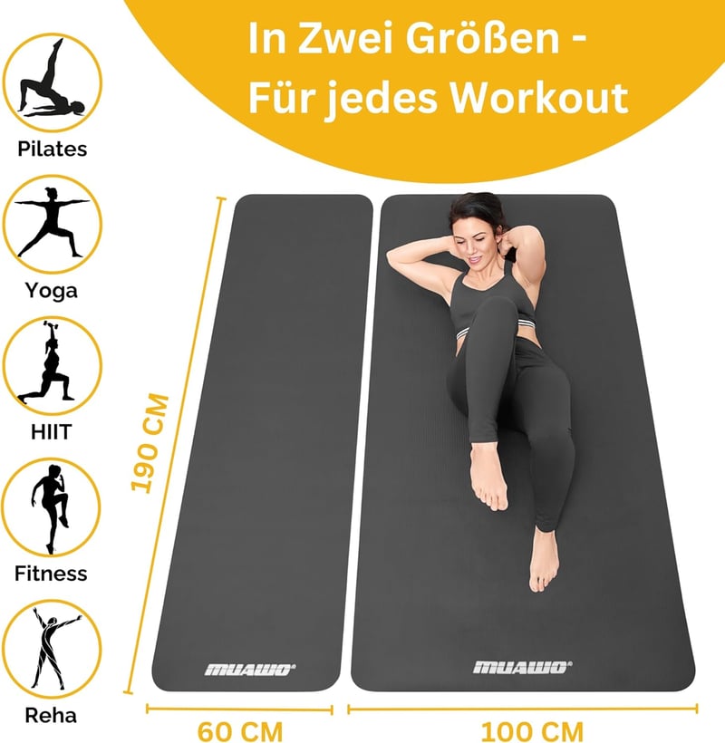 Muawo Prémium Fitness Matrac - Extra Vastag (1,5 cm) és Hosszú (190 cm) Csúszásmentes Jóga és Tornaszőnyeg, Sötétkék, NBR Habból, Bőrbarát, 