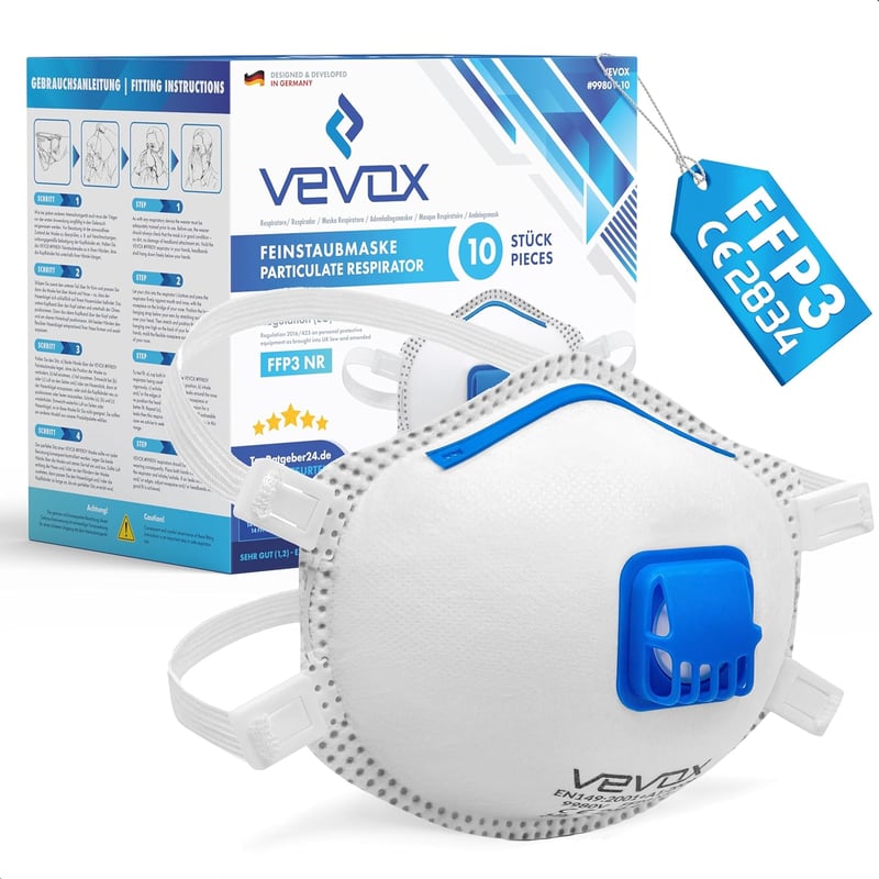 VEVOX FFP3 Légzésvédő Maszk Szeleppel - 10 Darabos Csomag - Pormaszk Finompor Ellen - Állítható Orrkampó - Munkavédelmi Respirátor