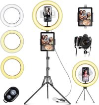 daphomeu 10 Colos LED Körfény Állvánnyal és Dupla Telefontartóval - 3 Színű, 10 Fényerőszintű Szelfi Gyűrűlámpa Távirányítóval YouTube, TikT 1
