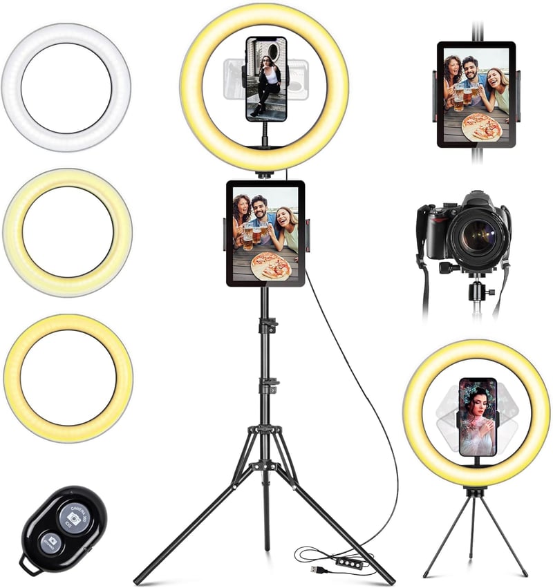 daphomeu 10 Colos LED Körfény Állvánnyal és Dupla Telefontartóval - 3 Színű, 10 Fényerőszintű Szelfi Gyűrűlámpa Távirányítóval YouTube, TikT