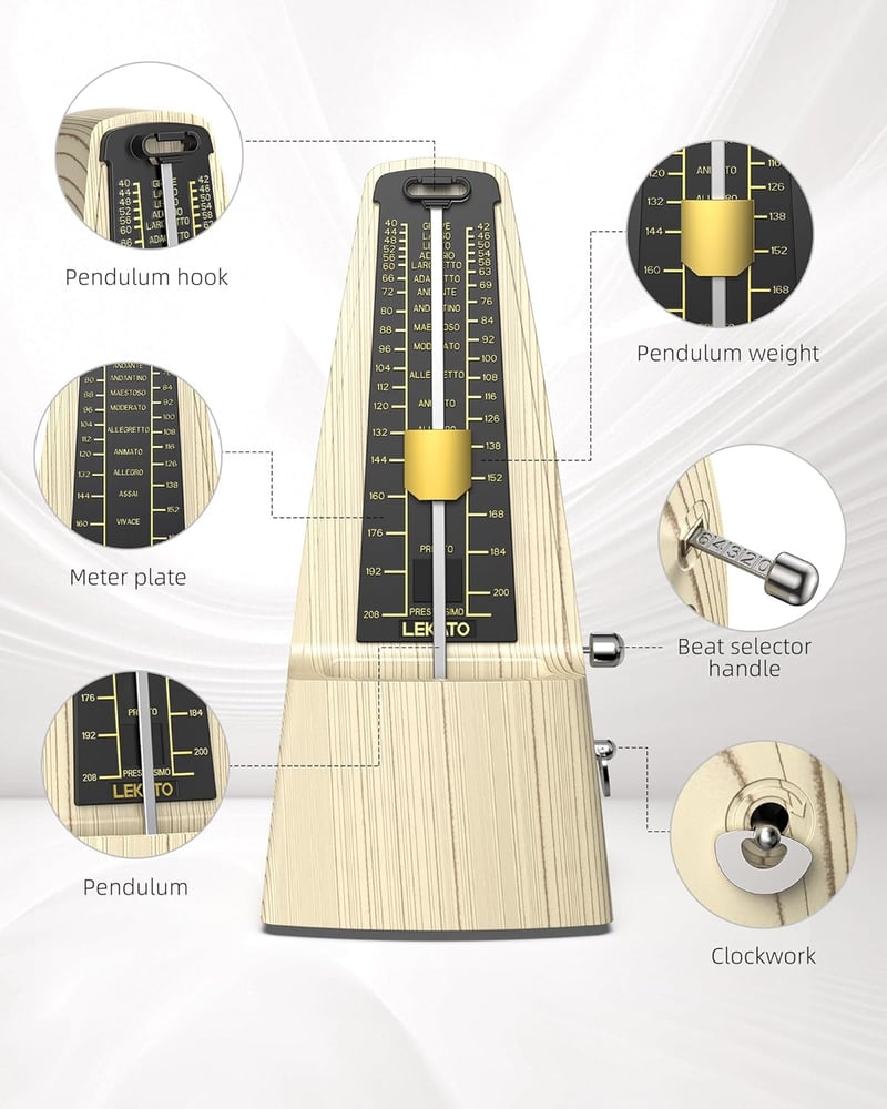 LEKATO Mechanikus Metronóm Fém Fogaskerékkel - Hangos, Pontos Időmérő Zongorához, Gitárhoz, Hegedűhöz - Klasszikus Piramis Dizájn, 40-208 BP