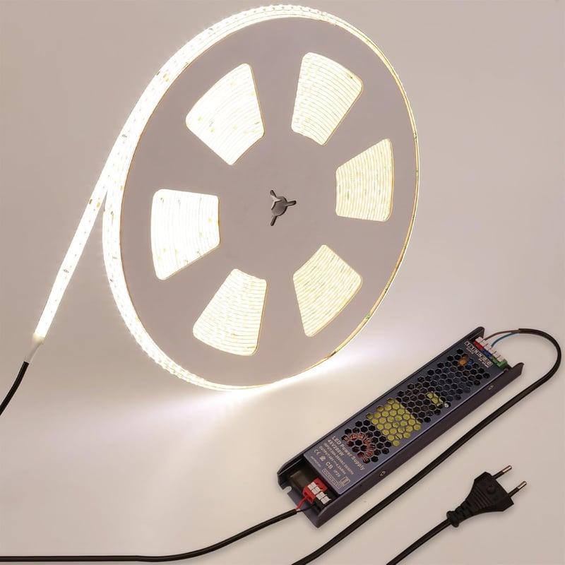 BENLUN 48V LED Szalag 20m - 4000K Természetes Fehér IP65 Vízálló Kültéri-Beltéri LED Csík 150W Öntapadós Vágható Tápegységgel EU Csatlakozóv