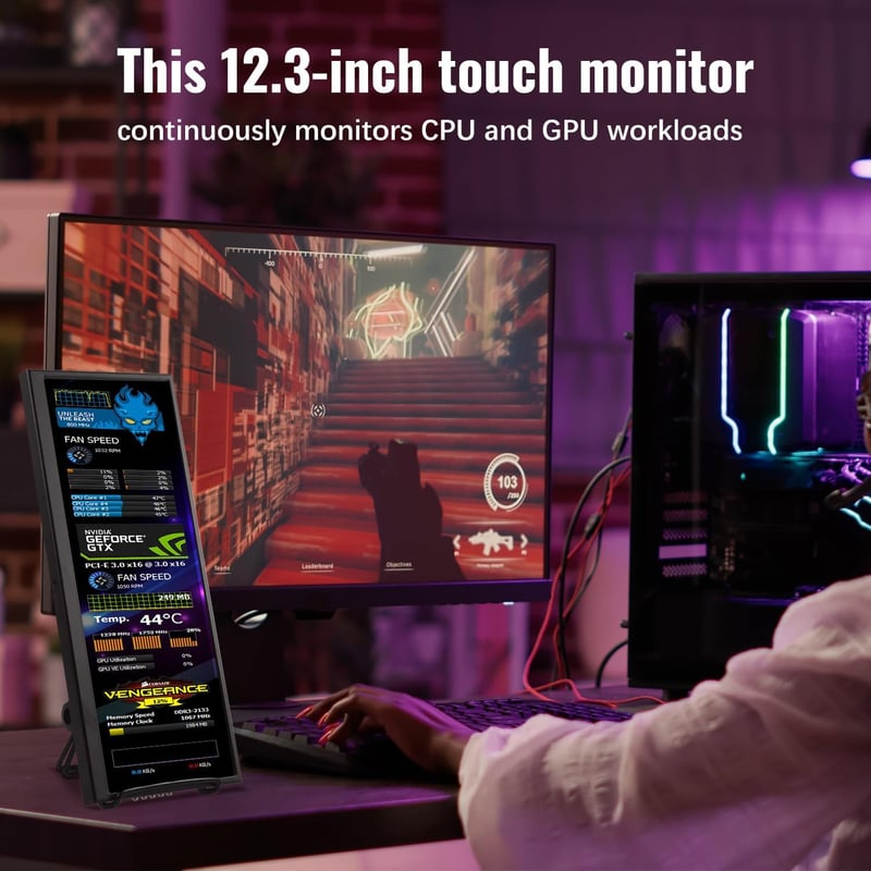 Prechen 12.3" Hordozható Érintőképernyős Monitor - 1920x720 IPS Kijelző, HDMI/USB-C, CPU/GPU Monitorozás, Laptop Kiegészítő