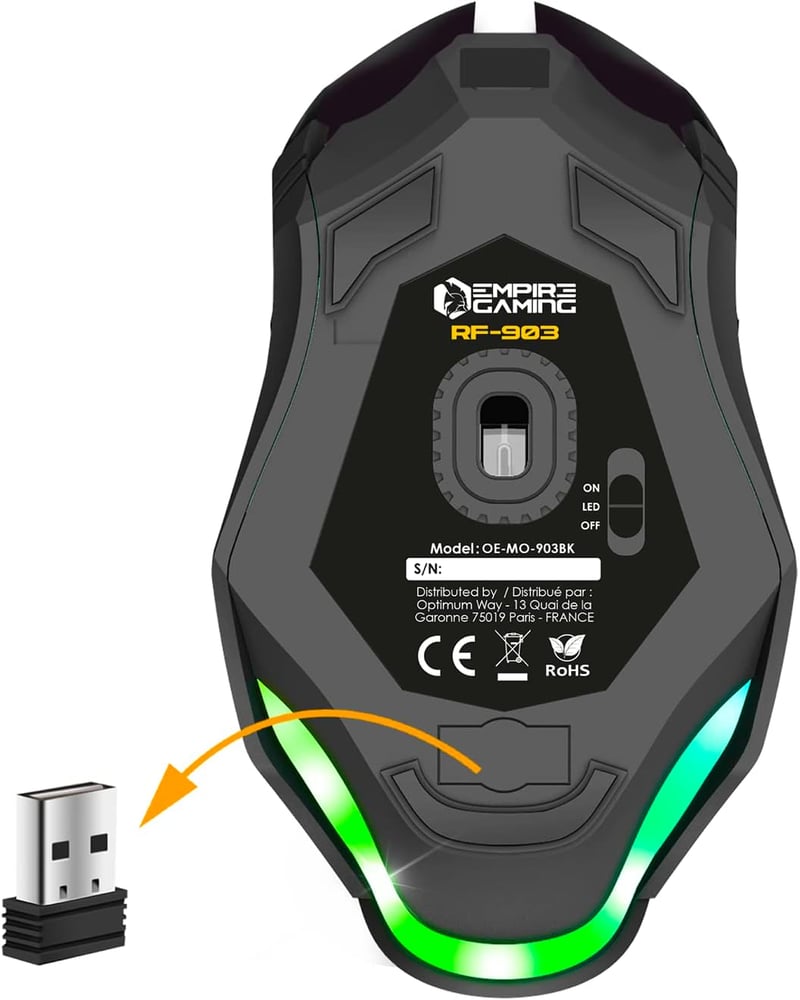 EMPIRE GAMING RF903 Vezeték Nélküli Gaming Egér 2.4GHz Újratölthető RGB LED Háttérvilágítás 4800 DPI PC PS4 PS5 Xbox Fekete