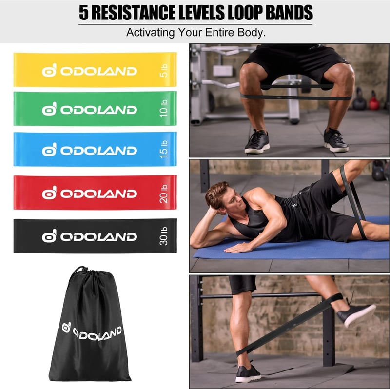 Odoland 17 részes fitneszgumi szett - 5 erősségű ellenállás szalag edzéshez és pilateshez