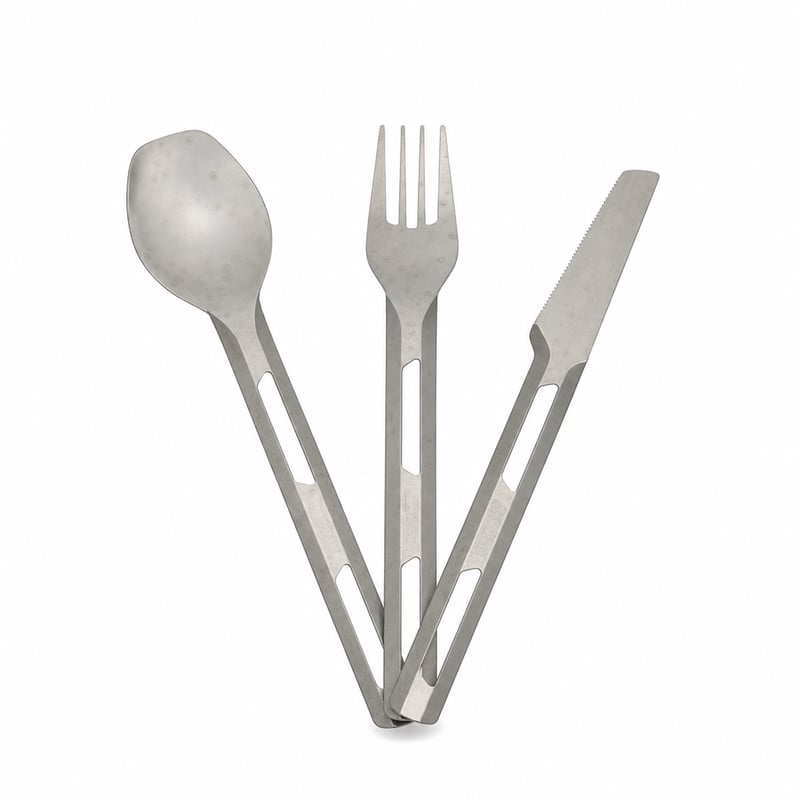 Set tacâmuri din titan Esbit – Set ușor cu cuțit, furculiță și lingură cu husă din silicon — husa din silicon lipsește, pătat (stare: vezi a 2-a imagine)