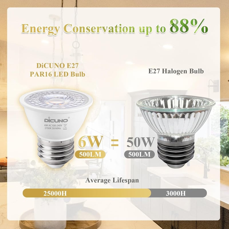 DiCUNO E27 LED Izzó 6W, Meleg Fehér 2700K, 500lm, 60° Szögű MR16 Spotlámpa, 50W Halogén Helyettesítő, PAR16 Rövid Spot, CRI90, Villódzásment