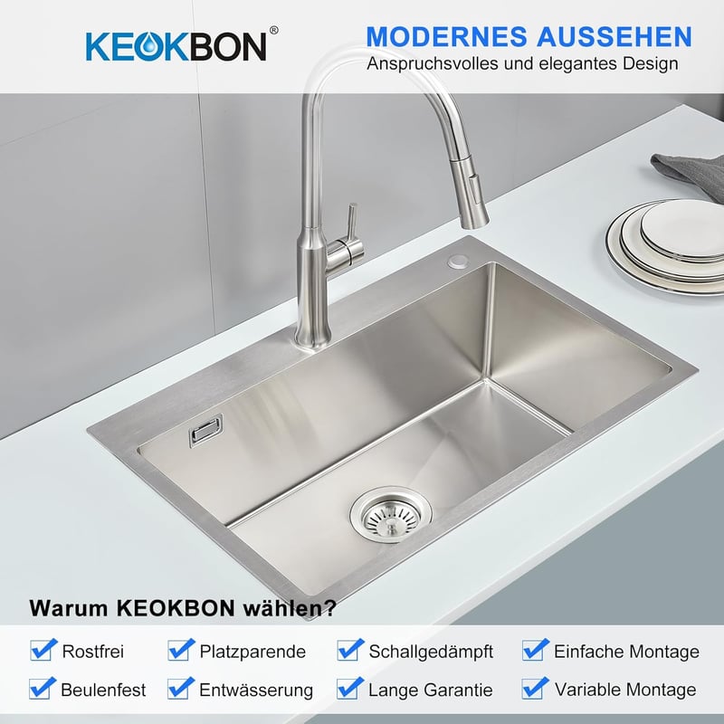 KEOKBON 65x50cm Kézzel készített rozsdamentes acél mosogató csapteleppel