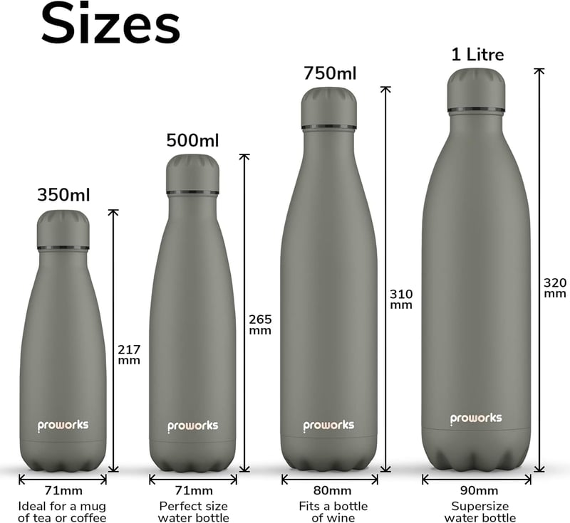 PROWORKS 1L-es rozsdamentes acél termosz, BPA-mentes, 24 órás hűtés - Szürke