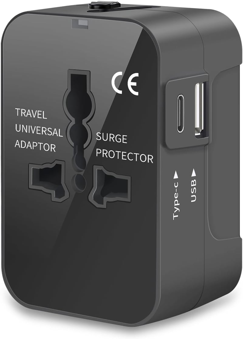 Amoner Univerzális Utazási Adapter USB-C és USB-A Portokkal - Nemzetközi Konverter Amerikai, Olasz, Angol, Japán, Francia Konnektorokhoz