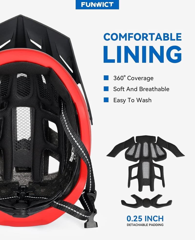 FUNWICT kerékpáros sisak napellenzővel, LED világítással és mágneses szemüvegtartóval - M: 54-58 cm, black red