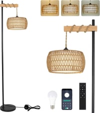 Rayofly Vintage Állólámpa Távirányítóval - Bambusz Lámpaernyős Boho Állólámpa LED Izzóval, Applikációs Vezérléssel, Fekete, Nappali és Háló 1