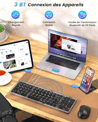 MoKo Összecsukható Bluetooth Billentyűzet - Vezeték Nélküli Francia AZERTY Érintőpaddal és Numerikus Billentyűzettel, 3 Eszközhöz, Újratölth 3