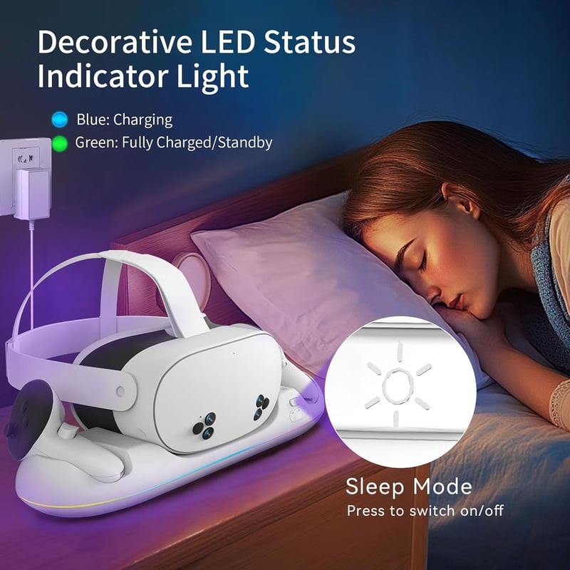 SPEEDY BEE Töltőállomás Meta Quest 3/3S/2 Headsethez - Mágneses VR Állvány RGB Világítással, 2 Újratölthető 2100mAh Akkumulátorral és USB Ki
