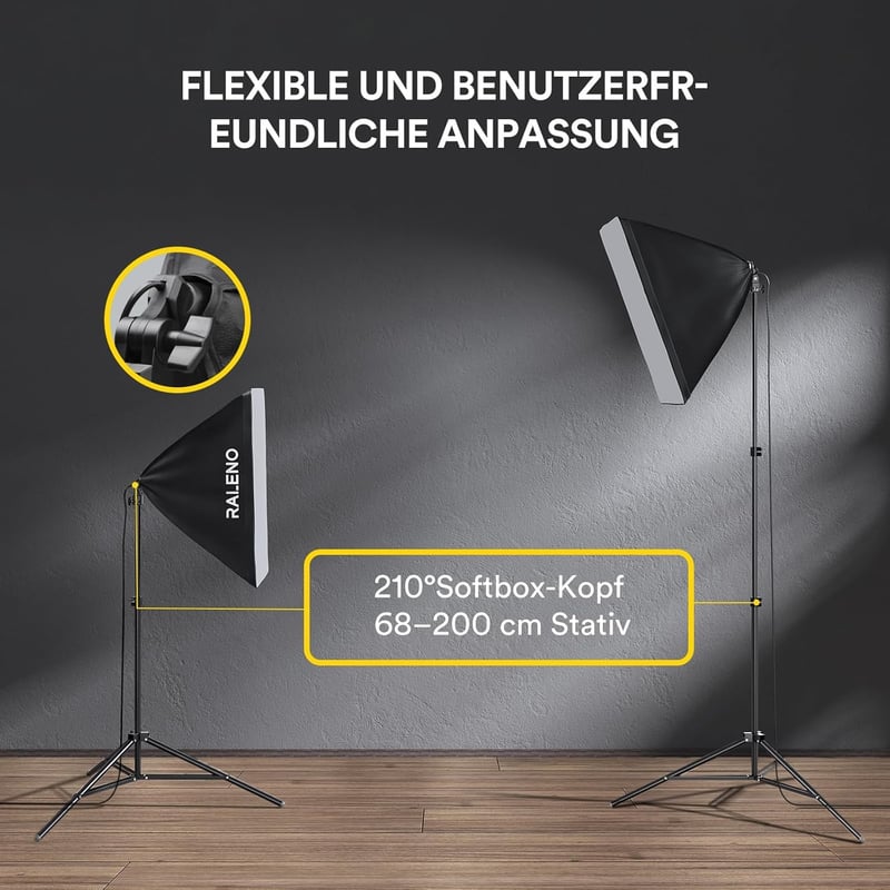 RaLeno Softbox Szett - 50x50cm Fotó Stúdió Világítás, 2db 50W LED Izzóval, 210° Forgatható, 200cm Állvánnyal, Hordtáskával - Fotózáshoz, Vid