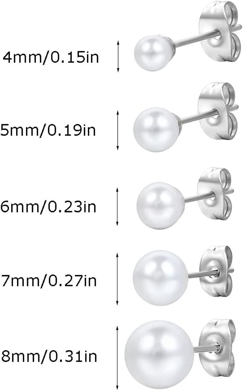 PlandleLee 925 Ezüst Valódi Gyöngy Fülbevaló Szett - 5 Pár Fehér Gyöngy Stekker 4-8mm