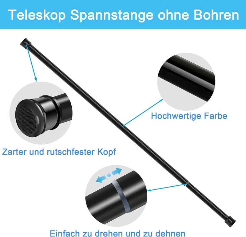 Aiitomg Teleszkópos Függönyrúd - Fúrás Nélküli Zuhanyfüggöny Tartó, Kihúzható Fém Rúd Fürdőszobába, Hálószobába, Fekete, 50-70 cm, 25 mm Átm