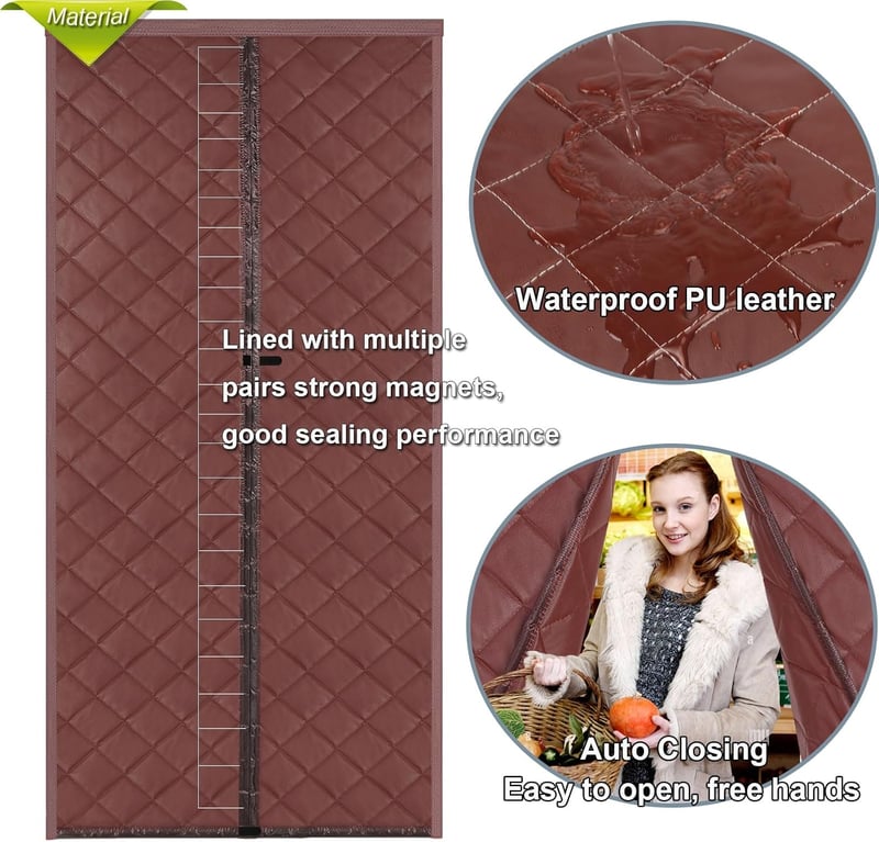 Risareyi Mágneses Hőszigetelő Ajtófüggöny, 70x220 cm, Barna PU Bőr, Meleg és Hideg Elleni Védelem