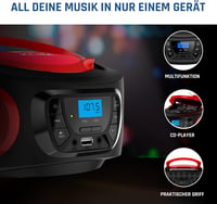KLIM Boombox Hordozható CD Lejátszó - FM Rádió, Bluetooth, MP3, USB, AUX - Újratölthető Akkumulátor, RGB Világítás, Kompakt Kivitel (Piros) 6