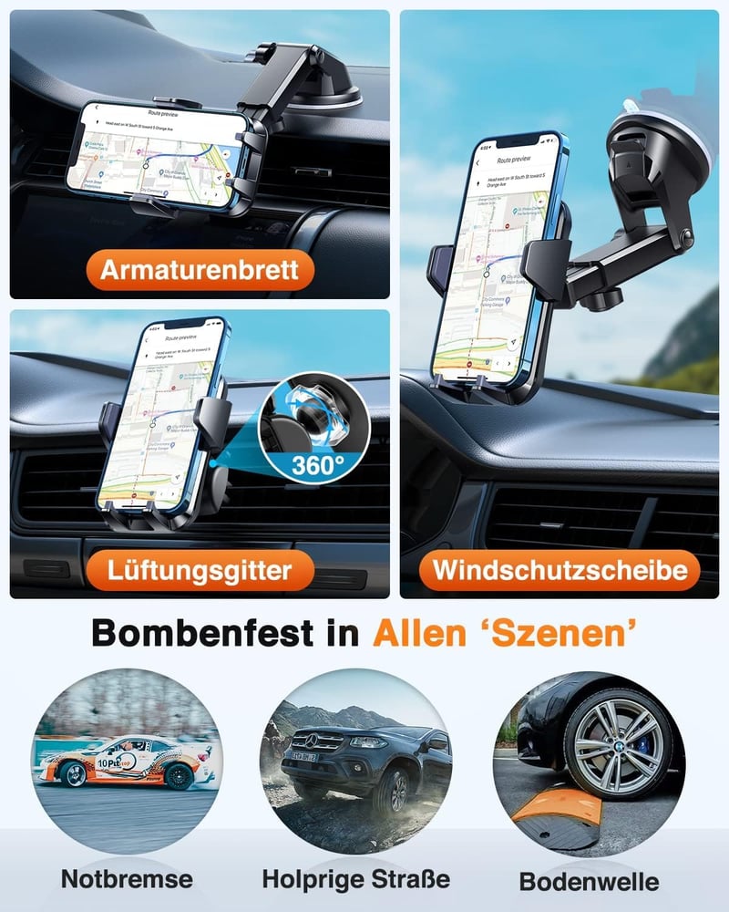 VANMASS Autós Telefontartó, Univerzális Szélvédőre és Szellőzőrácsra, Tapadókorongos, 360° Forgatható, Fekete